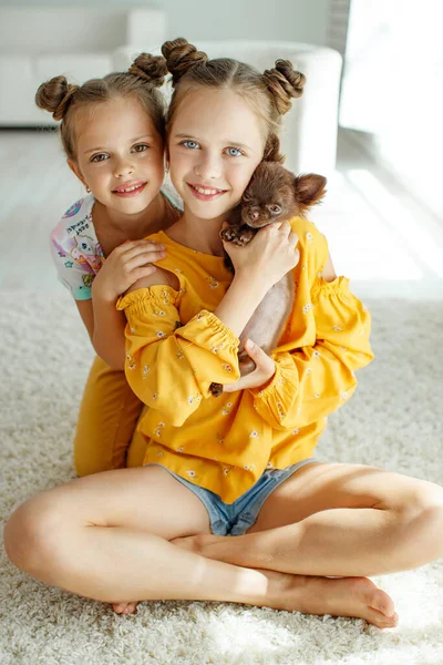 Ребенок с собакой. Маленькие девочки играют с собакой на ковре дома. — стоковое фото