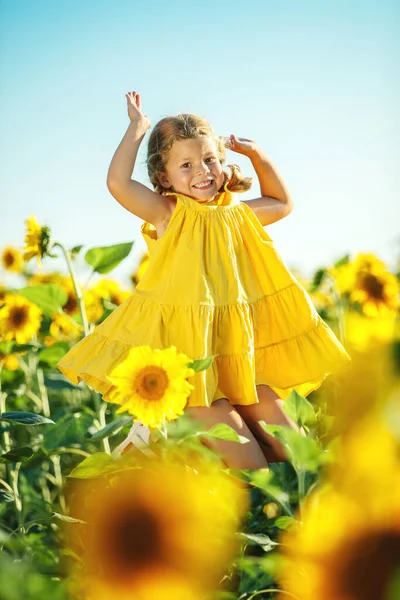 Niño en un campo de girasol. — Foto de Stock