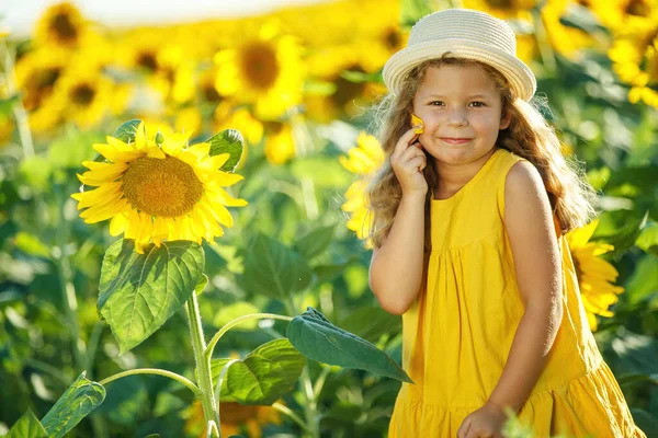 Niño en un campo de girasol. — Foto de Stock