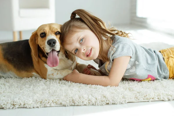 Little girl with a dog at home. — Stock Photo, Image