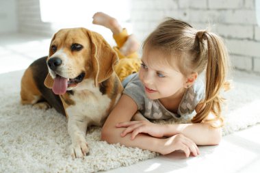Evde köpeği olan küçük bir kız..
