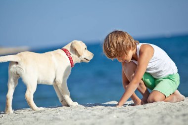 Mutlu çocuk mavi gökyüzüne karşı deniz kıyısında köpeğiyle oynuyor. En iyi arkadaşlar tatilde eğlenir..