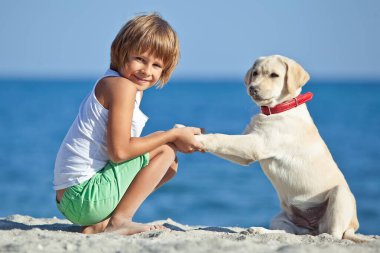 Mutlu çocuk mavi gökyüzüne karşı deniz kıyısında köpeğiyle oynuyor. En iyi arkadaşlar tatilde eğlenir..