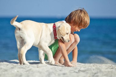 Mutlu çocuk mavi gökyüzüne karşı deniz kıyısında köpeğiyle oynuyor. En iyi arkadaşlar tatilde eğlenir, denize karşı kumsalda oynarlar..