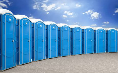 3d illustration of a group of mobile blue bio toilets. clipart