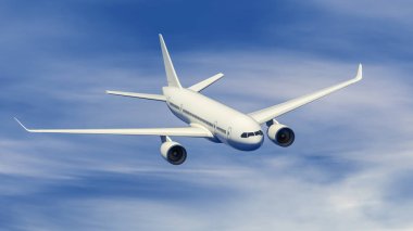 Mavi gökyüzünde uçan bir yolcu uçağının üç boyutlu resmi.