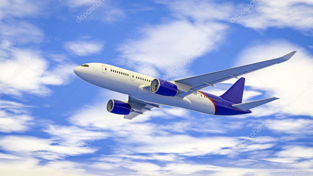 3D illustration of a passenger plane flying in the blue sky.