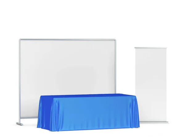 Toalha Mesa Branco Com Banners Lado Ilustração Isolado Fundo Branco — Fotografia de Stock