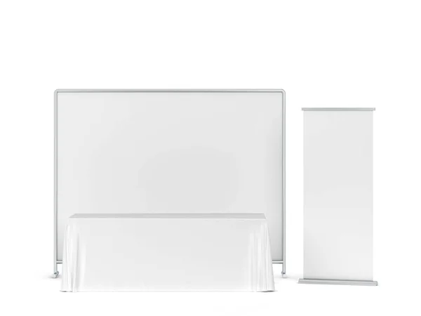 Toalha Mesa Branco Com Banners Lado Ilustração Isolado Fundo Branco — Fotografia de Stock