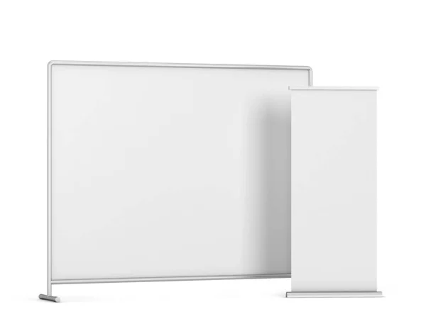 ロールアップバナーモックアップ付きの壁を押してください 白地に隔離された3Dイラスト — ストック写真