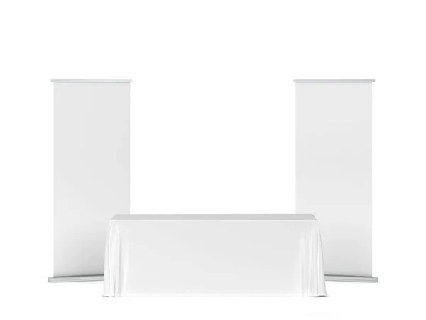 Blank Tradeshow Tablecloth Roll Banners Aside Illustration Isolated White Background — Stock Photo, Image