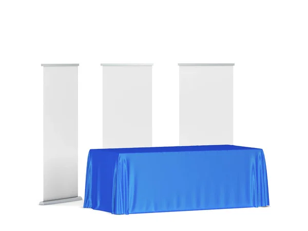 Blank Tradeshow Bordsduk Med Roll Banderoller Sidan Illustration Isolerad Vit — Stockfoto