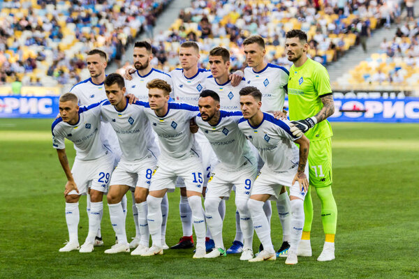 Kyiv, Ukraine - August 03, 2018 Players of Dynamo Kyiv before the start of the match. Ukrainian Premier League match Dynamo Kyiv  Shakhtar Donetsk at Dynamo Kyiv stadium.