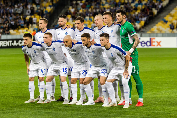 Kyiv, Ukraine - September 20, 2018: Dynamo Kyiv players before the start of UEFA Europa League match against Astana at NSC Olympic stadium in Kyiv, Ukraine.