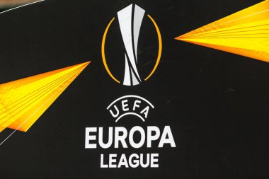 Kiev, Ukrayna 8 Kasım 2018: İşaret ve logosu Uefa Avrupa Ligi Şampiyonlar Ligi sırasında Dynamo Kyiv vs Stade Rennais Kiev, Ukrayna Milli Güvenlik Olimpiyat Stadyumu'nda arasında eşleme.