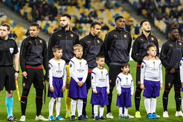 Kyiv Ucrânia Novembro 2018 Jogadores Stade Rennais Antes Início Jogo — Fotografia de Stock