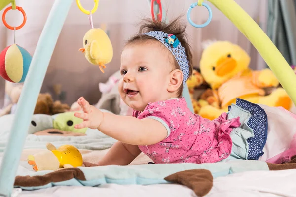 Beautiful Newborn Baby Girl Playing Colorful Rug — Stock Photo, Image