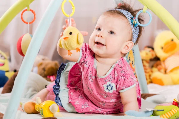 Beautiful Newborn Baby Girl Playing Colorful Rug — Stock Photo, Image