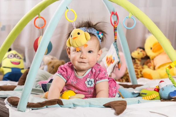 Beautiful Newborn Baby Girl Playing Colorful Rug — Stock Photo, Image