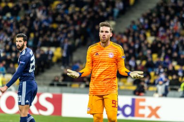 Kiev, Ukrayna - 22 Şubat 2019: Jose Sa Olympiakos FC Uefa Avrupa Ligi maç Dinamo Kiev Kiev, Ukrayna Milli güvenlik Olimpiyat Stadyumu'nda karşı eylem.