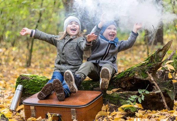 Barn leker i höstskogen full av gula blad med vin — Stockfoto