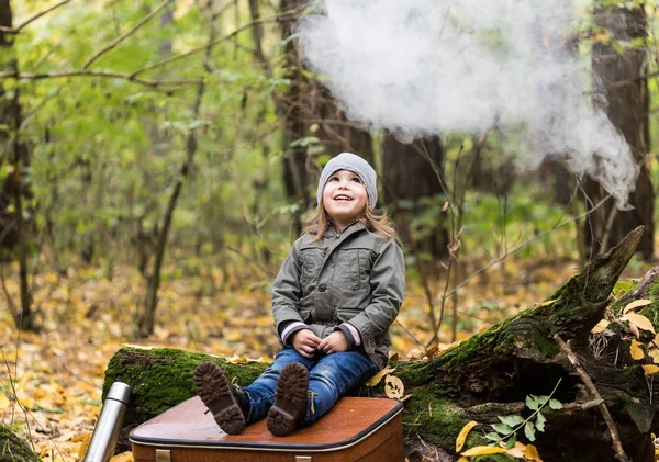 Kislány játszik az őszi erdőben tele sárga levelek — Stock Fotó