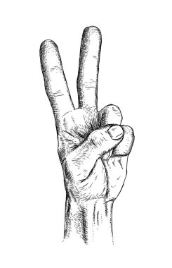 El hareketi simgesinin çizilmiş ve kabataslak el, barış ve aşk. Vektör çizim isolade beyaz