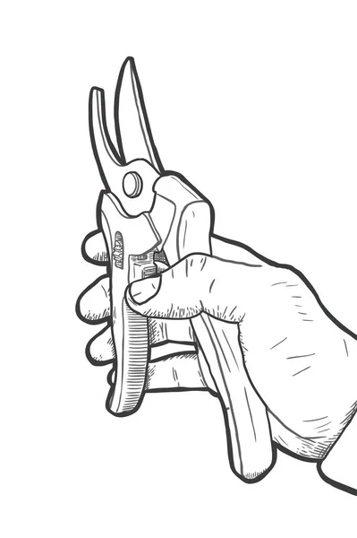 Hand Holding Gardening Scissors Hand Drawn — Stock Vector