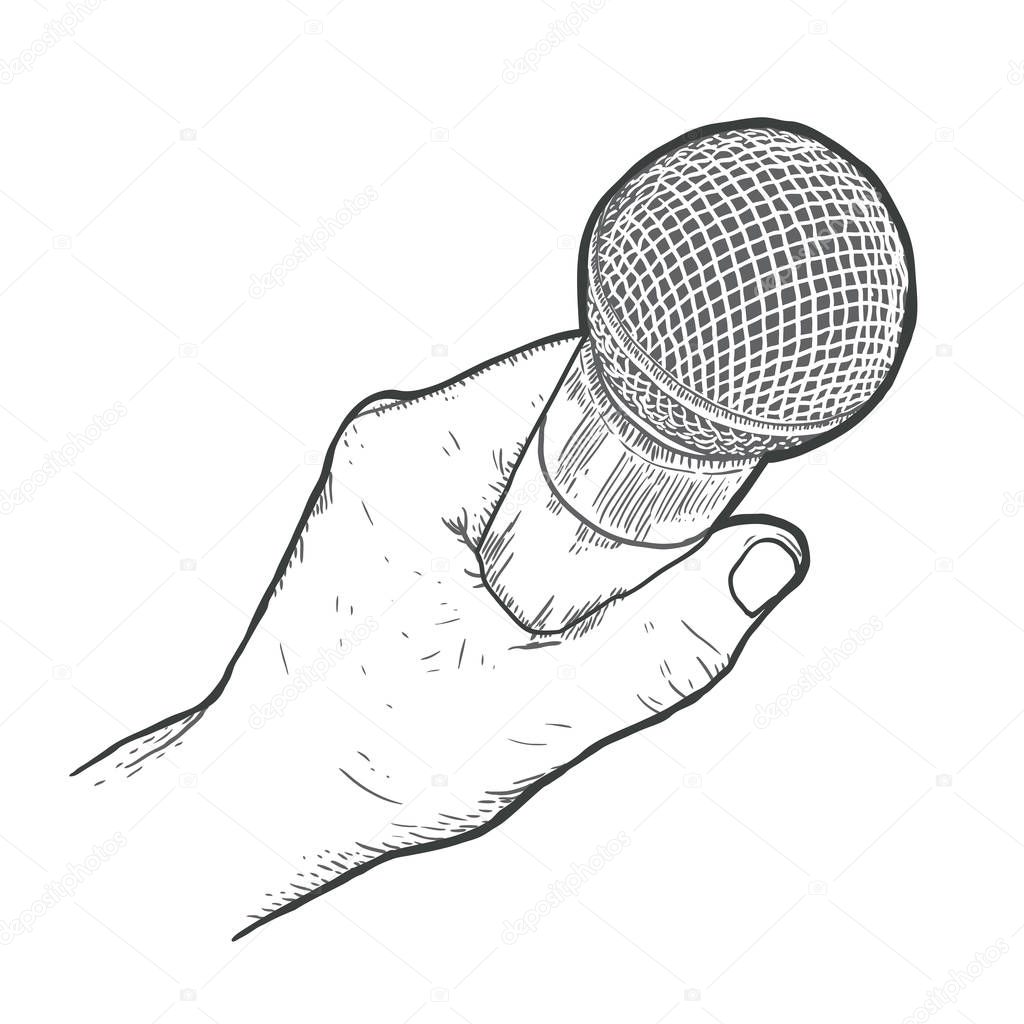 Hand drawn hand, with microphone, vector illustration.