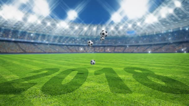 Стадион Падает Много Футбольных Мячей — стоковое видео