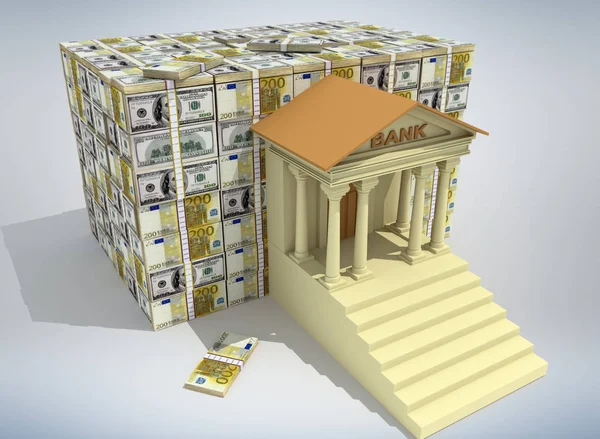 Edificio Bancario Con Billetes Euros Dólares Renderizado —  Fotos de Stock