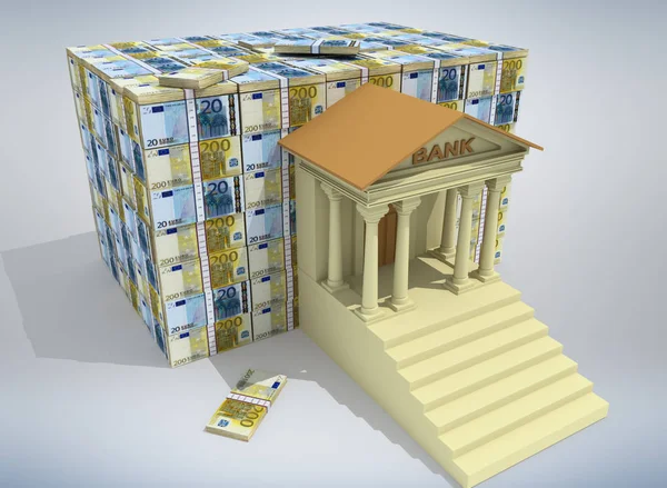 Edificio Bancario Con Billetes Euros Renderizado — Foto de Stock