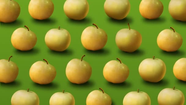 Μοτίβο Της Πολύχρωμα Φρούτα Φρέσκα Κίτρινα Μήλα Πράσινο Φόντο — Αρχείο Βίντεο