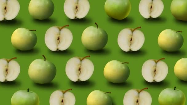 Μοτίβο Από Πολύχρωμα Φρούτα Φρέσκα Πράσινα Μήλα Πράσινο Φόντο — Αρχείο Βίντεο