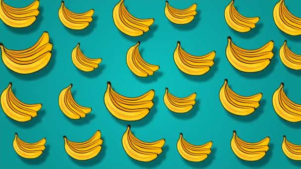 Kolorowe Owoce Wzór Świeżych Bananów Żółtych Niebieskim Tle Wideo — Wideo stockowe