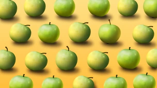 Patrón Colorido Frutas Manzanas Verdes Frescas Sobre Fondo Amarillo Vídeo — Vídeo de stock