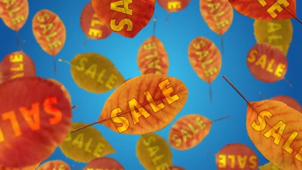 Gelbe Und Rote Herbstblätter Mit Dem Schriftzug Verkauf Fallen Auf — Stockvideo