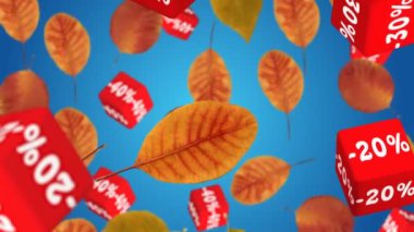 Sonbahar yaprakları ve yüzde yuvarlanmak sembolleri ile kırmızı küpler. Mevsimlik Satılık kavramı.