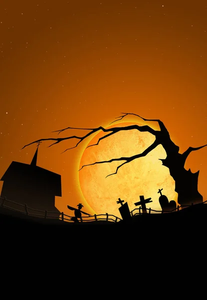 Страшная Сцена Хэллоуина Луной Старым Деревом Кладбищем — стоковое фото