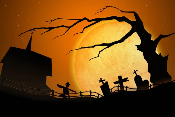 Cena Assustadora Halloween Com Lua Árvore Velha Cemitério — Fotografia de Stock