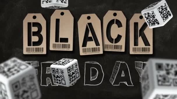 黑色星期五 文本的背景上带有 代码标签的立方体掉落 销售理念 — 图库视频影像