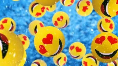 Emoji emoticons aşağı düşen kış arka plan üzerinde.