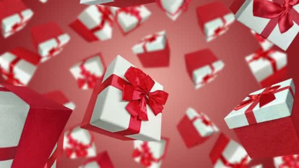Geschenkboxen Fallen Auf Rotem Hintergrund — Stockvideo