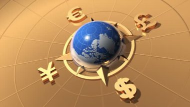 Küre sembolleri, dolar, euro, pound ve yen