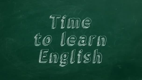 Χέρι Σχέδιο Χρόνο Για Μάθουν Αγγλικά Στον Πράσινο Πίνακα Κιμωλίας — Αρχείο Βίντεο