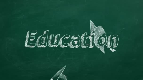 Hand Drawing Education Graduation Caps Green Chalkboard — Stock videók