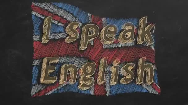 Dibujo Mano Bandera Británica Animada Con Texto Hablo Inglés Pizarra — Vídeo de stock