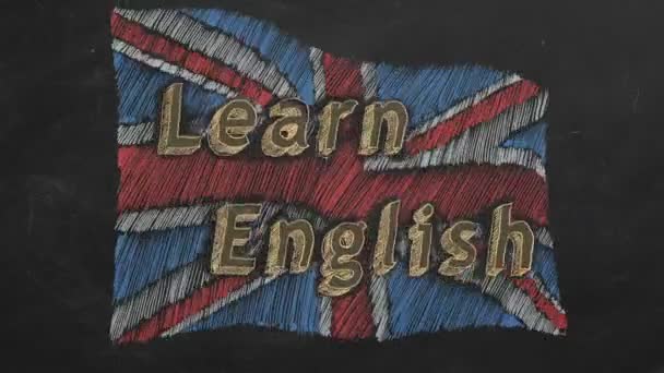 手書きとテキストとアニメーション英国の旗黒板に英語を学びます モーション アニメーションの停止 — ストック動画