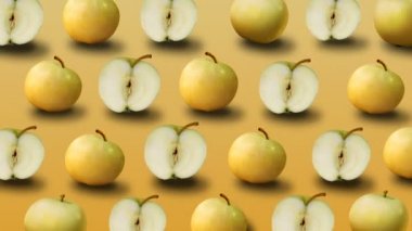 Taze sarı elma sarı arka plan üzerinde renkli meyve deseni. 4k video.