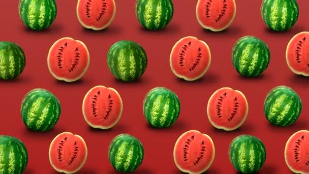 Sandías Frescas Sobre Fondo Rojo Patrón Fruta Colorida Vídeo — Vídeo de stock